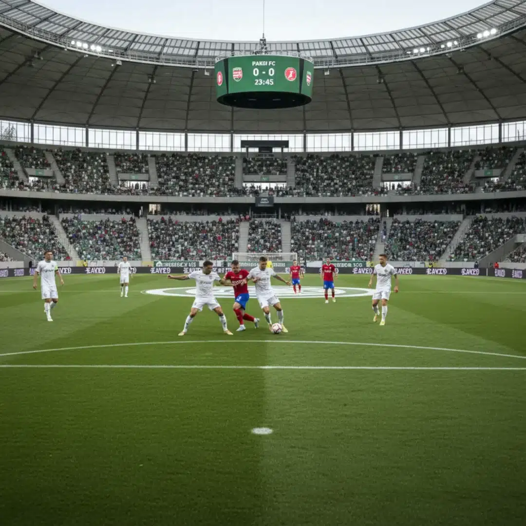 Szerkesztőségi fotó a Paksi FC és Kisvárda FC mérkőzéséről, ahol a játékosok aktívan küzdenek a labdáért a pályán.