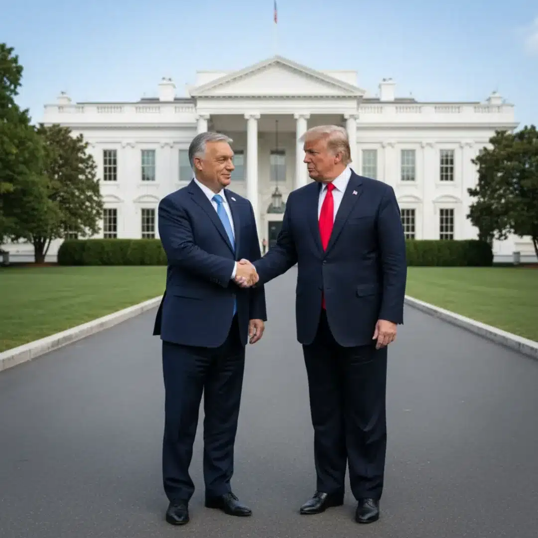Orbán Viktor és Donald Trump kézfogása a washingtoni Fehér Ház előtt, szimbolizálva a magyar-amerikai diplomáciai és energetikai megállapodást.