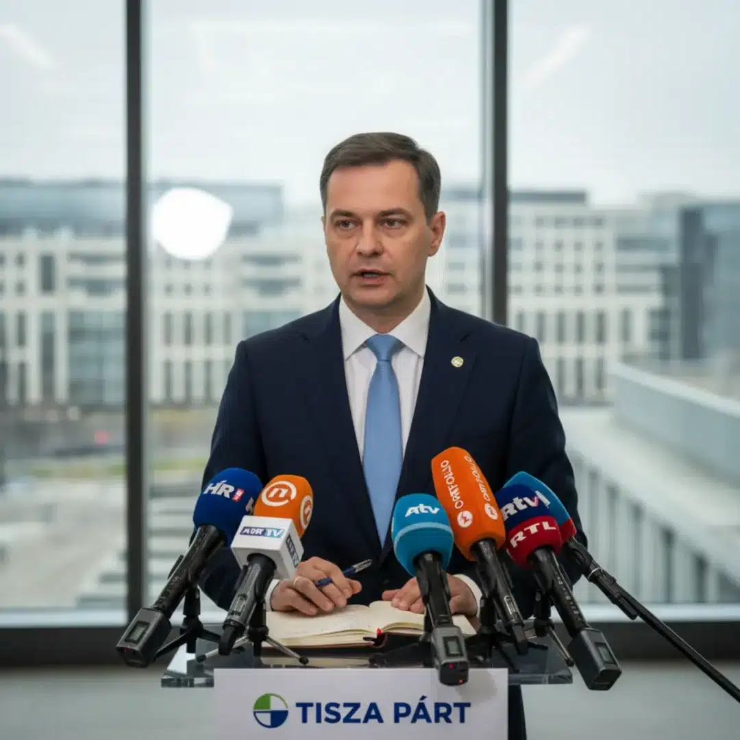 Szerkesztőségi fotó, amely természetesen ábrázolja Magyar Pétert egy sajtótájékoztatón, miközben közéleti témákat érint