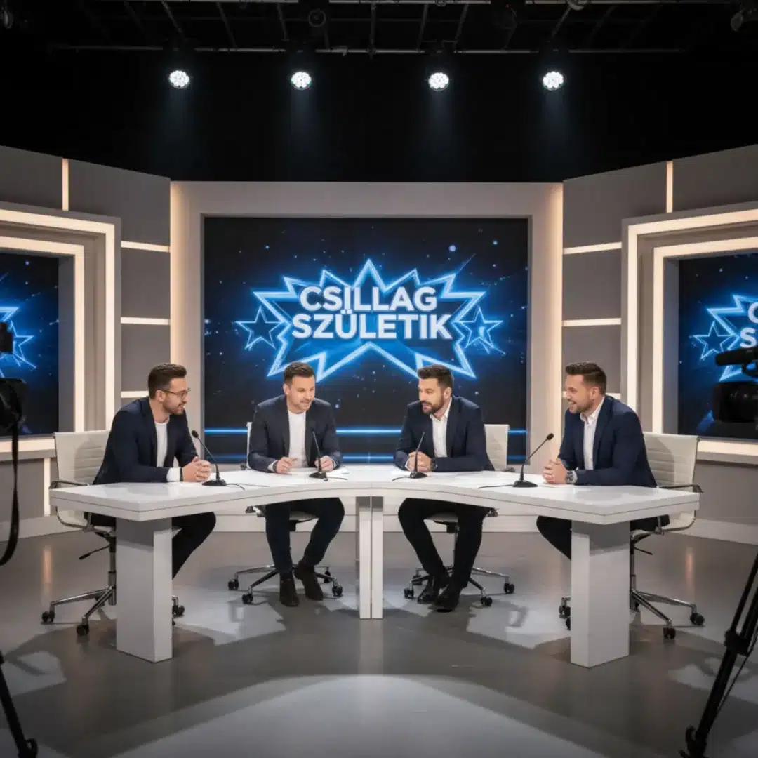 Szerkesztőségi fotó, amely a Csillag Születik 2025 zsűrijét mutatja egy modern stúdióban tehetséges versenyző figyelmével