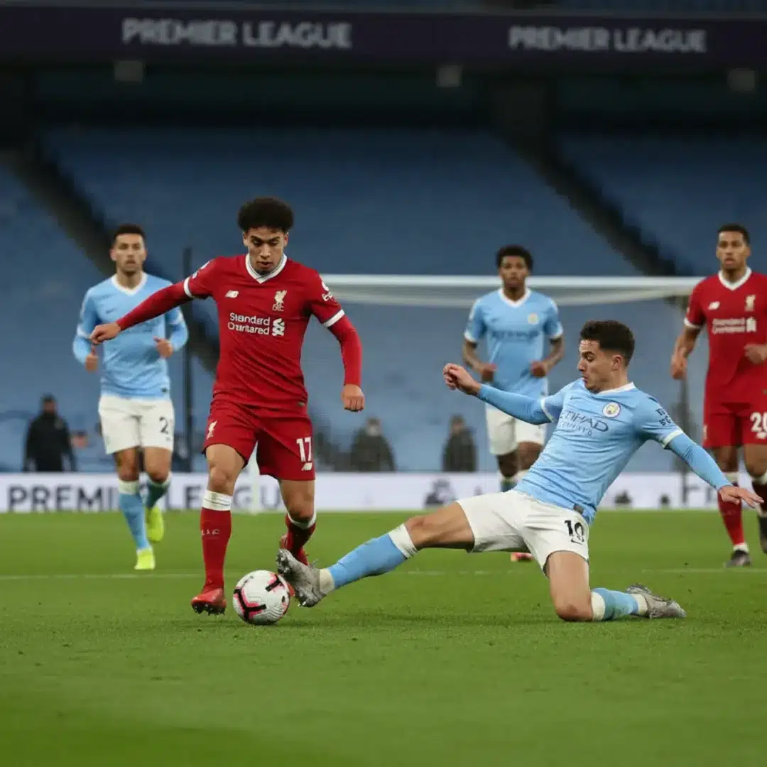 Szerkesztőségi fotó a Manchester City és Liverpool labdarúgóinak Premier League mérkőzéséről egy modern stadionban