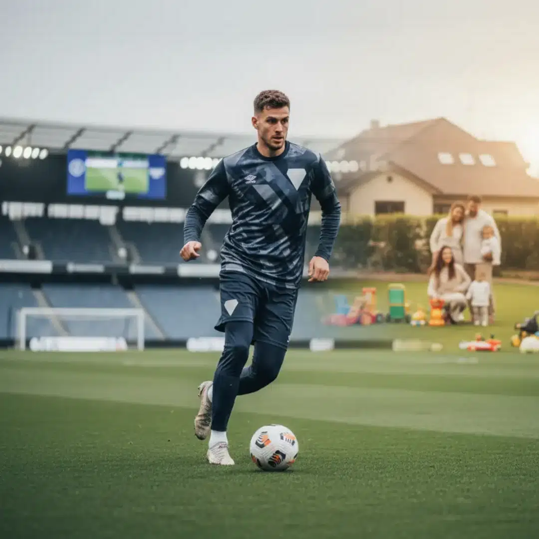 Szerkesztőségi fotó, amely Szoboszlai Dominikot ábrázolja profi futballista szerepében, miközben családi életére is utal.