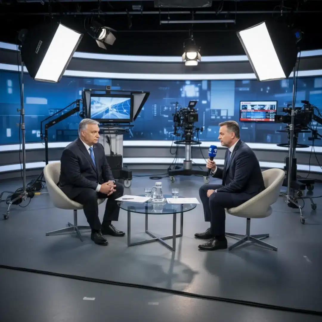 Szerkesztőségi fotó, amely Orbán Viktort és Rónai Egont ábrázolja az ATV stúdiójában egy történelmi interjú során
