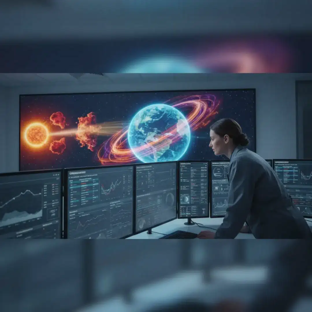 Szerkesztőségi fotó, amely semlegesen ábrázolja a geomágneses vihar jelenségét és annak földi hatásait