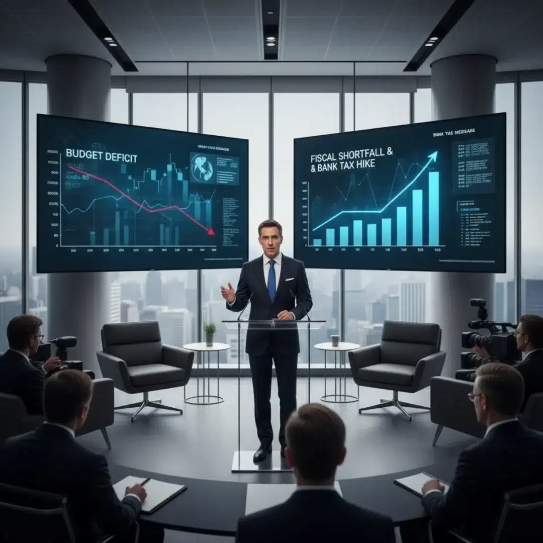 Szerkesztőségi fotó a költségvetési hiánnyal és bankadó emelésével kapcsolatos gazdasági beszédről, modern irodai környezetben.