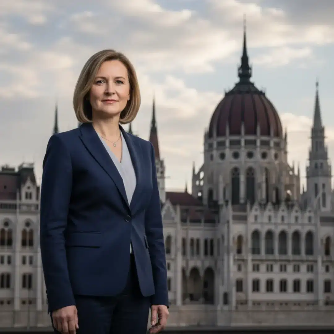 Szerkesztőségi fotó, amely Cseh Katalint ábrázolja politikai portréján a magyar parlamenttel a háttérben