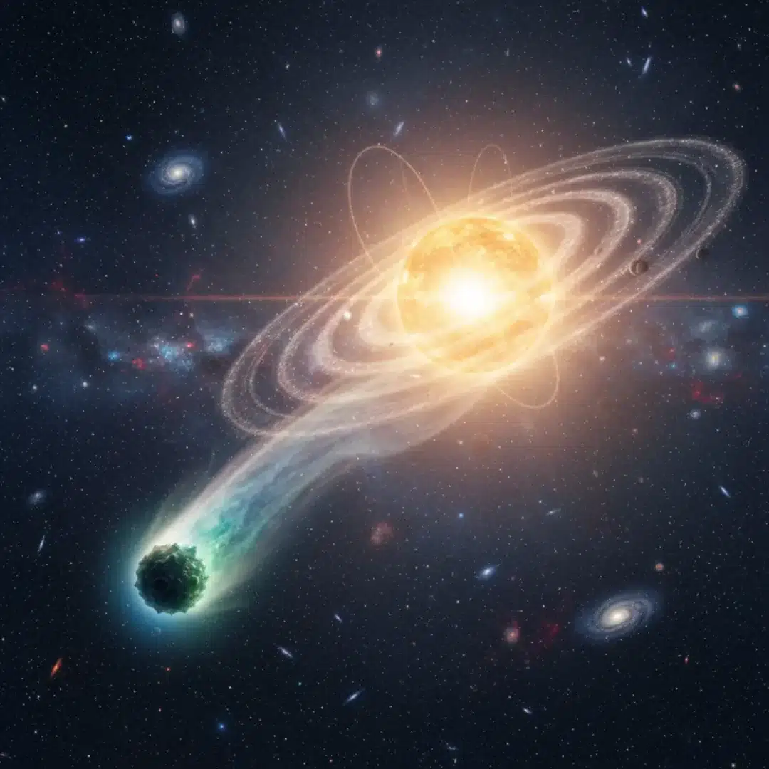 Szerkesztőségi fotó, amely semlegesen ábrázolja a 3I/ATLAS csillagközi üstökös rejtélyes átalakulását és felrobbanását