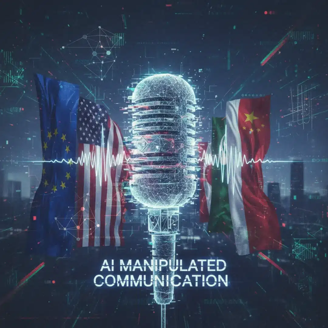 Digitális mikrofon és politikai zászlók, amelyek a mesterséges intelligencia alapú politikai manipulációt szimbolizálják