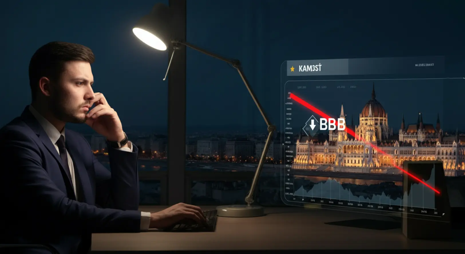 Egy komoly pénzügyi elemző a Fitch Ratings magyar adósbesorolásról szóló jelentését nézi egy monitoron, a háttérben a Parlament.