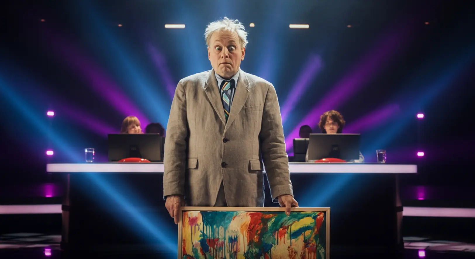 Galla Miklós humorista a Csillag születik színpadán egy festménnyel a kezében