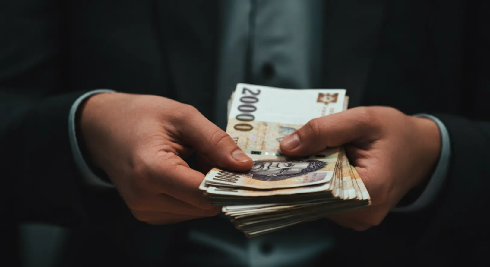 Egy személy magyar forint bankjegyeket számol, ami a 2026-os garantált bérminimum és minimálbér emelését szimbolizálja.