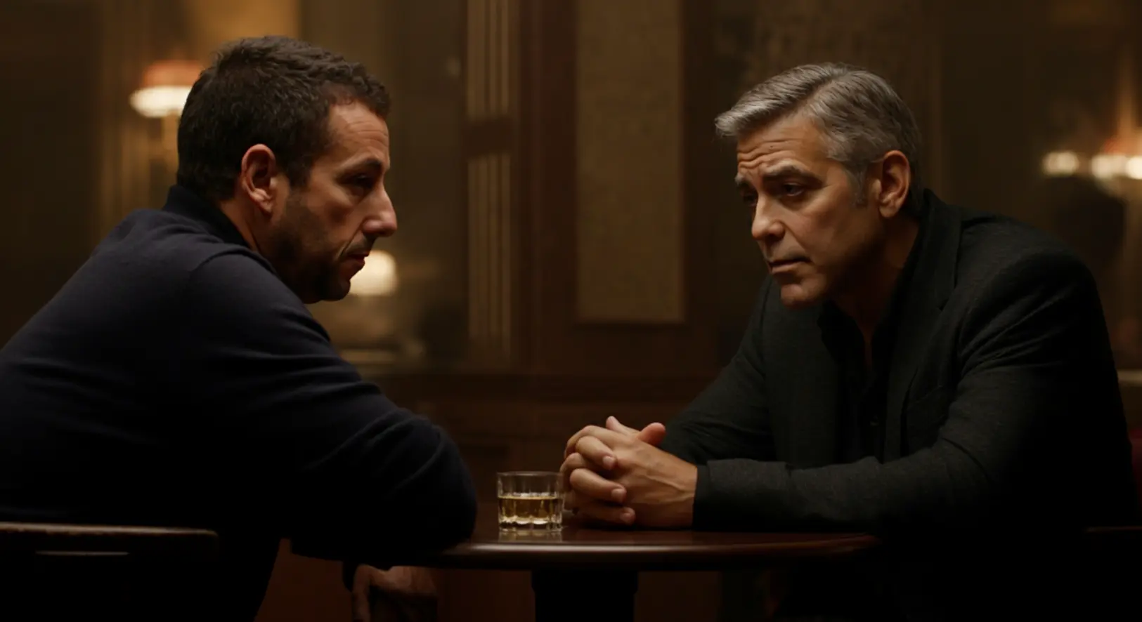 George Clooney és Adam Sandler elgondolkodva beszélgetnek egy jelenetben a Netflixen debütáló Jay Kelly című filmből.