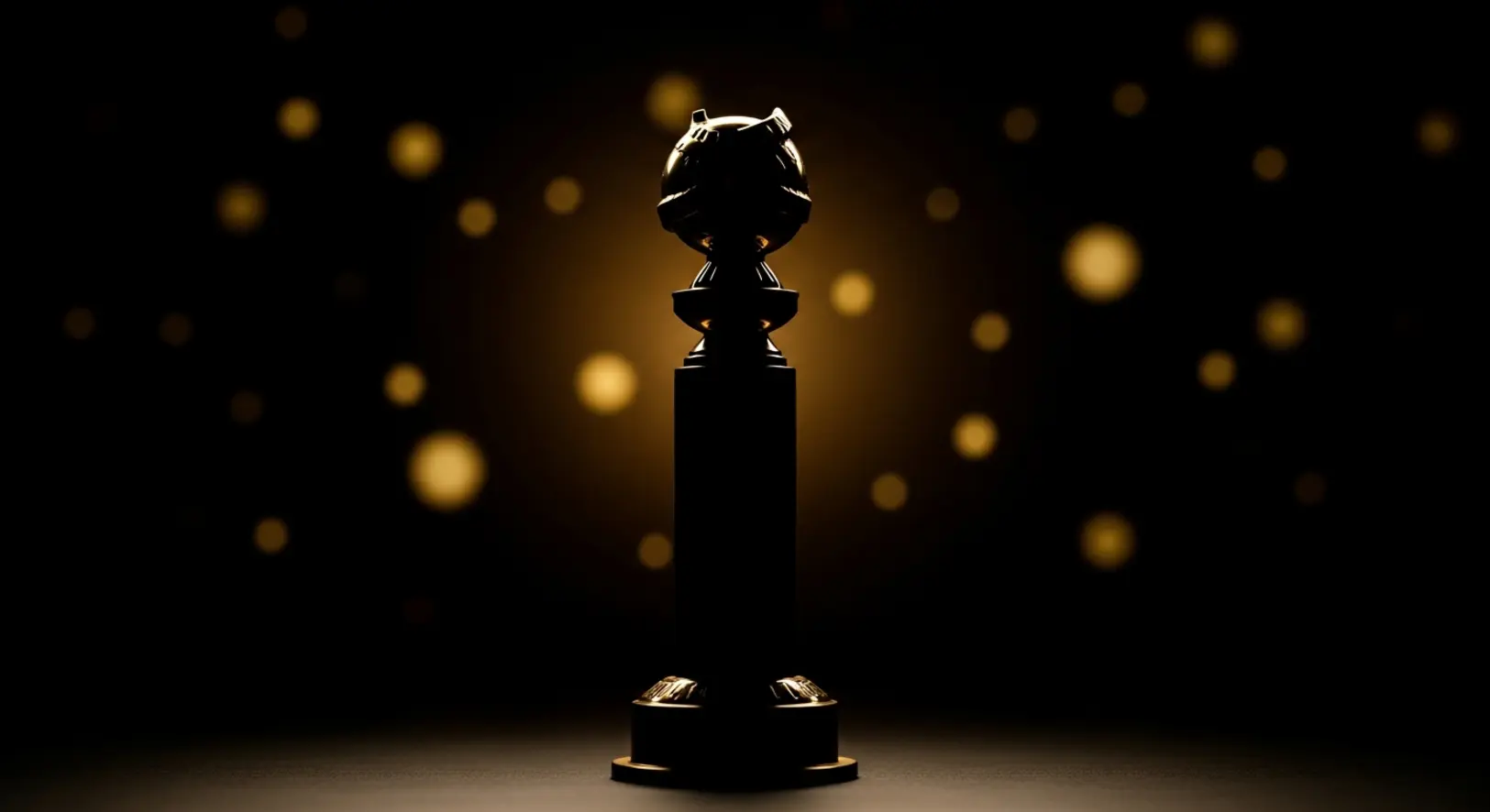 A Golden Globe-díj arany földgömb szobra sziluettben, sötét háttér előtt, elegáns arany fényekkel megvilágítva.