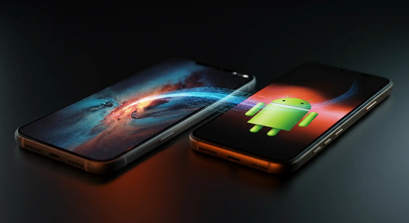 Egy Android és egy iPhone telefon, amelyek között zökkenőmentesen áramlanak az adatok, szimbolizálva a Google és Apple közötti új együttműködést.