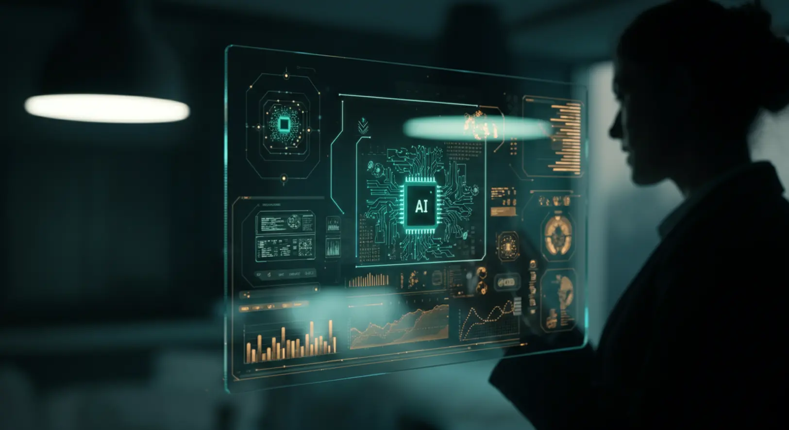 Futurisztikus digitális interfész, amely a GPT-5.2 mesterséges intelligencia működését szimbolizálja egy modern irodában.