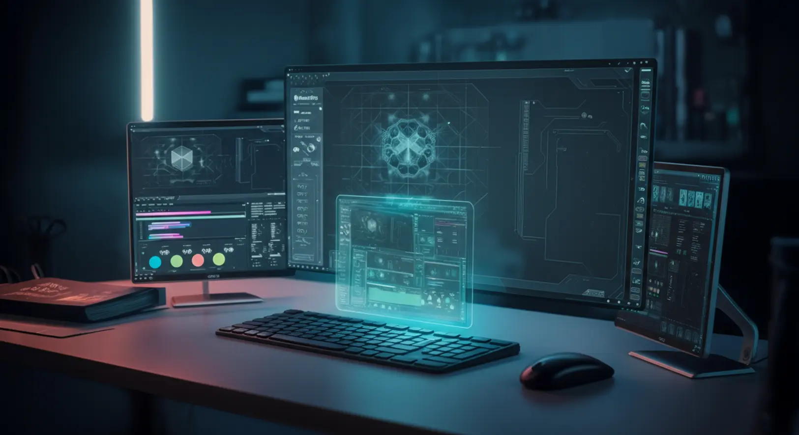 Futurisztikus digitális stúdió interfész, amely a GPT Image 1.5 precíziós szerkesztési képességeit szimbolizálja.