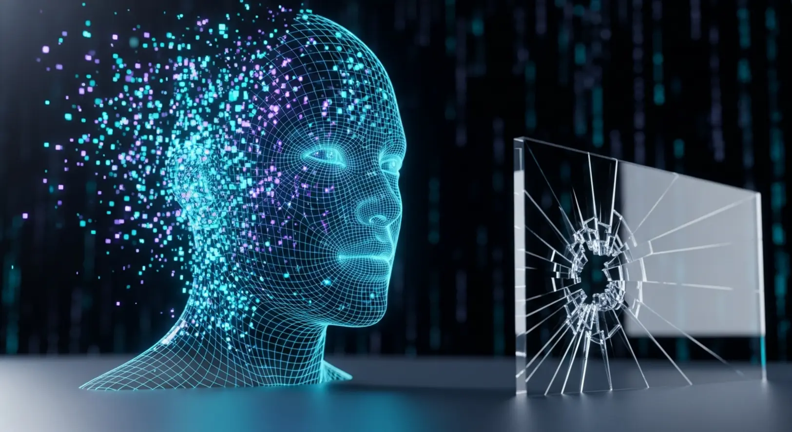 Egy digitális drótváz-arc szétesése izzó pixelekre sötét háttér előtt, az adatvédelem összeomlását szimbolizálva a Grok AI botrány kapcsán.