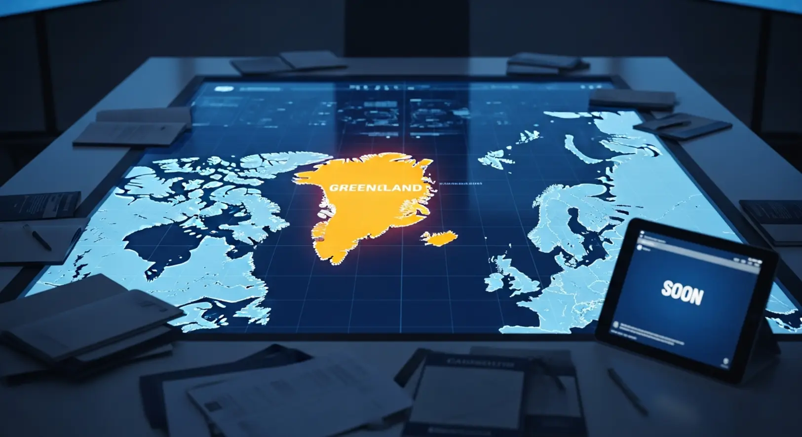 Digitális taktikai térkép egy sötét szobában, ahol Grönland szigete borostyánsárga figyelmeztető színnel világít, mellette egy tablet 'SOON' felirattal.