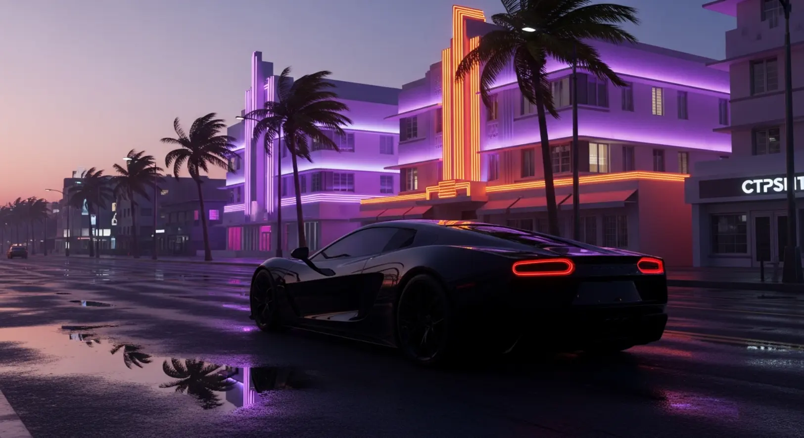 Naplemente egy Vice City ihletésű tengerparti sétányon, neonfényes Art Deco épületekkel, pálmafákkal és egy sportautó sziluettjével a nedves aszfalton.