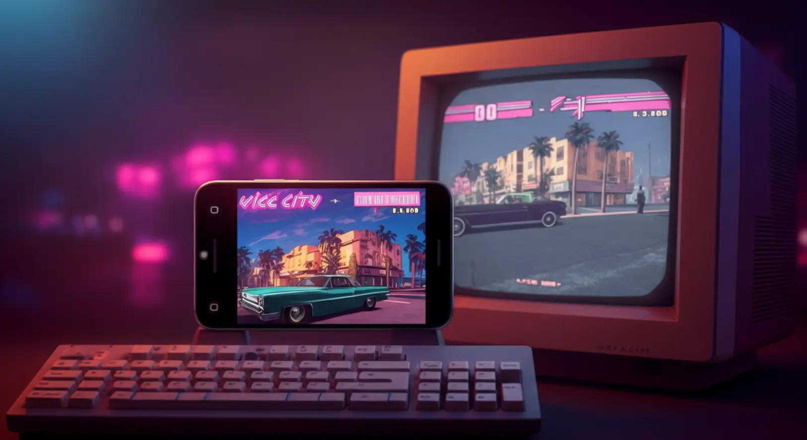 Egy retro monitor és egy okostelefon egyszerre futtatja a GTA Vice City játékot neonfényes háttérrel, illusztrálva a böngésző alapú játékot.