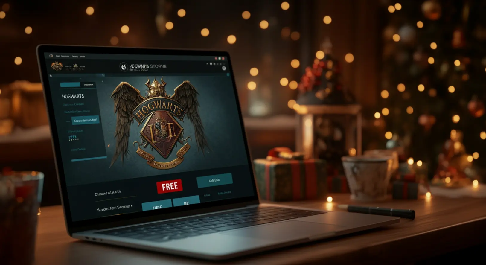 Hogwarts Legacy játék ingyenes letöltése Epic Games Store felületén karácsonyi környezetben
