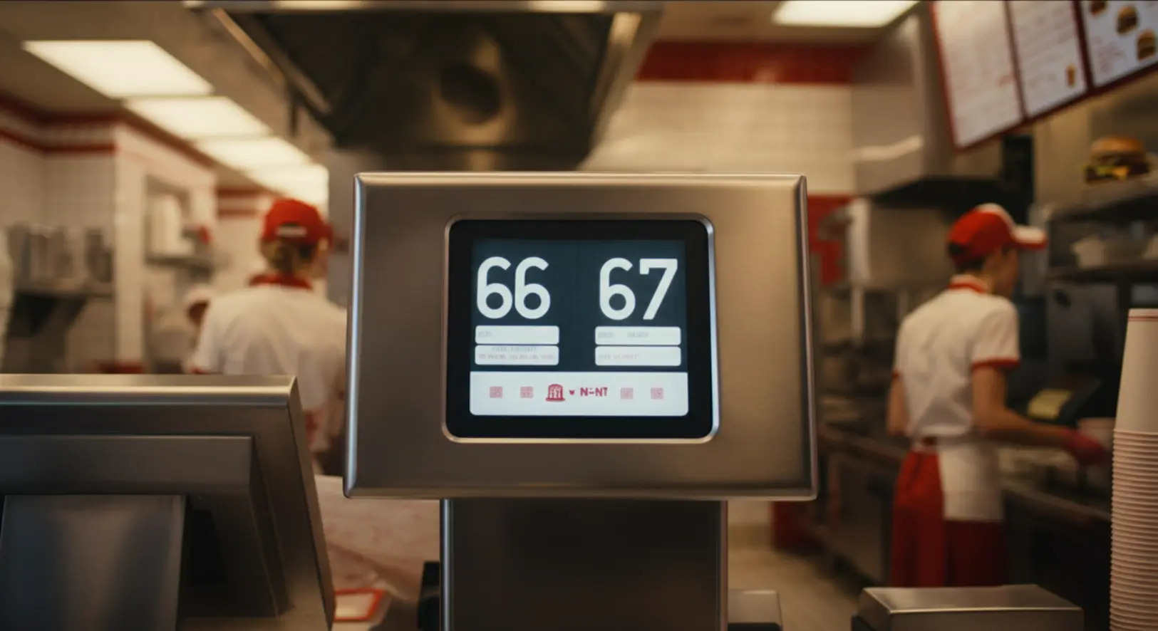 Egy In-N-Out gyorsétterem rendelési kijelzője, amely a 66-os szám után a 68-asra ugrik, átugorva a 67-est.