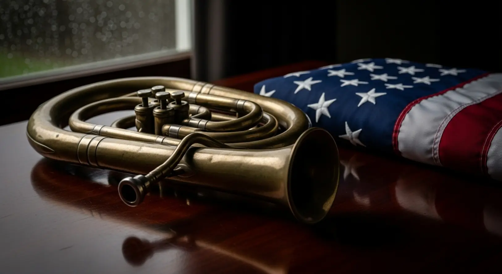Egy antik réz tuba fúvókája és egy összehajtott amerikai zászló egy sötét mahagóni asztalon, drámai megvilágításban, háttérben esőcseppes ablakkal.