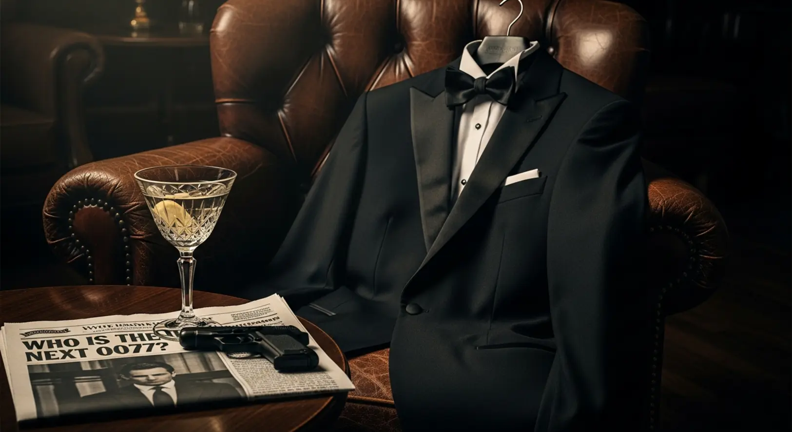 Elegáns fekete szmoking egy bőrfotelre terítve egy félhomályos londoni klubban, mellette martini és egy újság 'WHO IS THE NEXT 007?' felirattal.