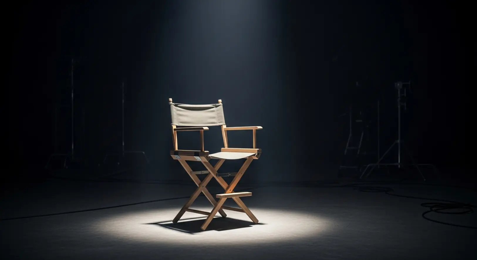 Egy üres rendezői szék egy sötét filmstúdióban, egyetlen reflektorral megvilágítva, szimbolizálva James Ransone halálát és a színészi pálya magányát.