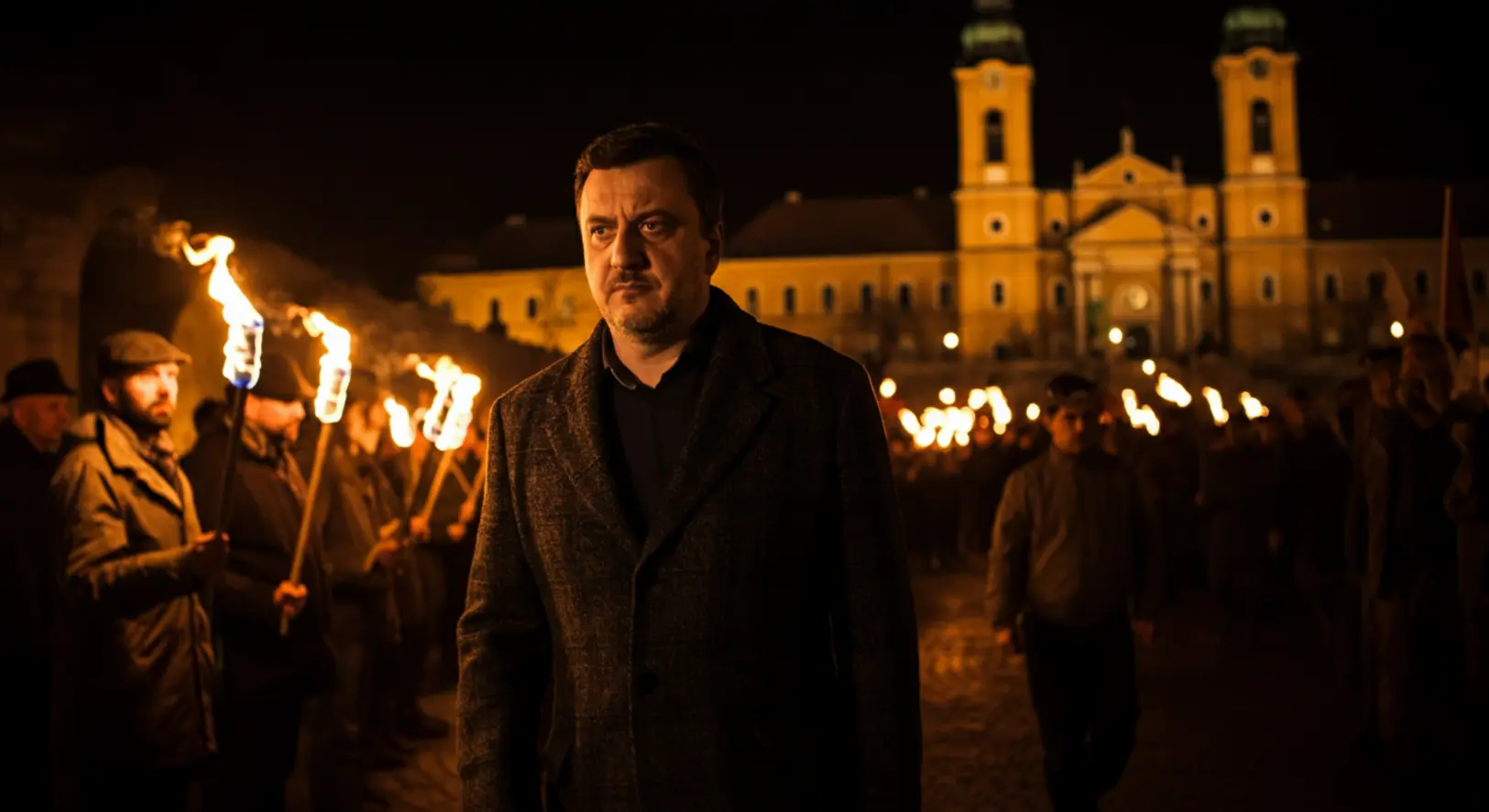 Karácsony Gergely főpolgármester fáklyás menet élén vonul a Karmelita kolostorhoz Budapesten.