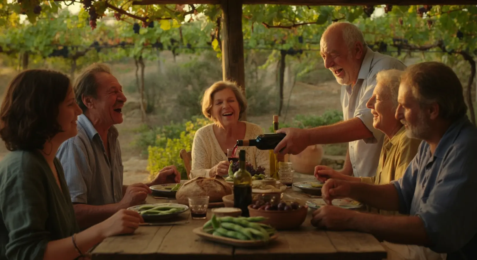 Vidám idős férfi a családjával étkezik egy szardíniai kertben, egészséges ételekkel teli asztal mellett