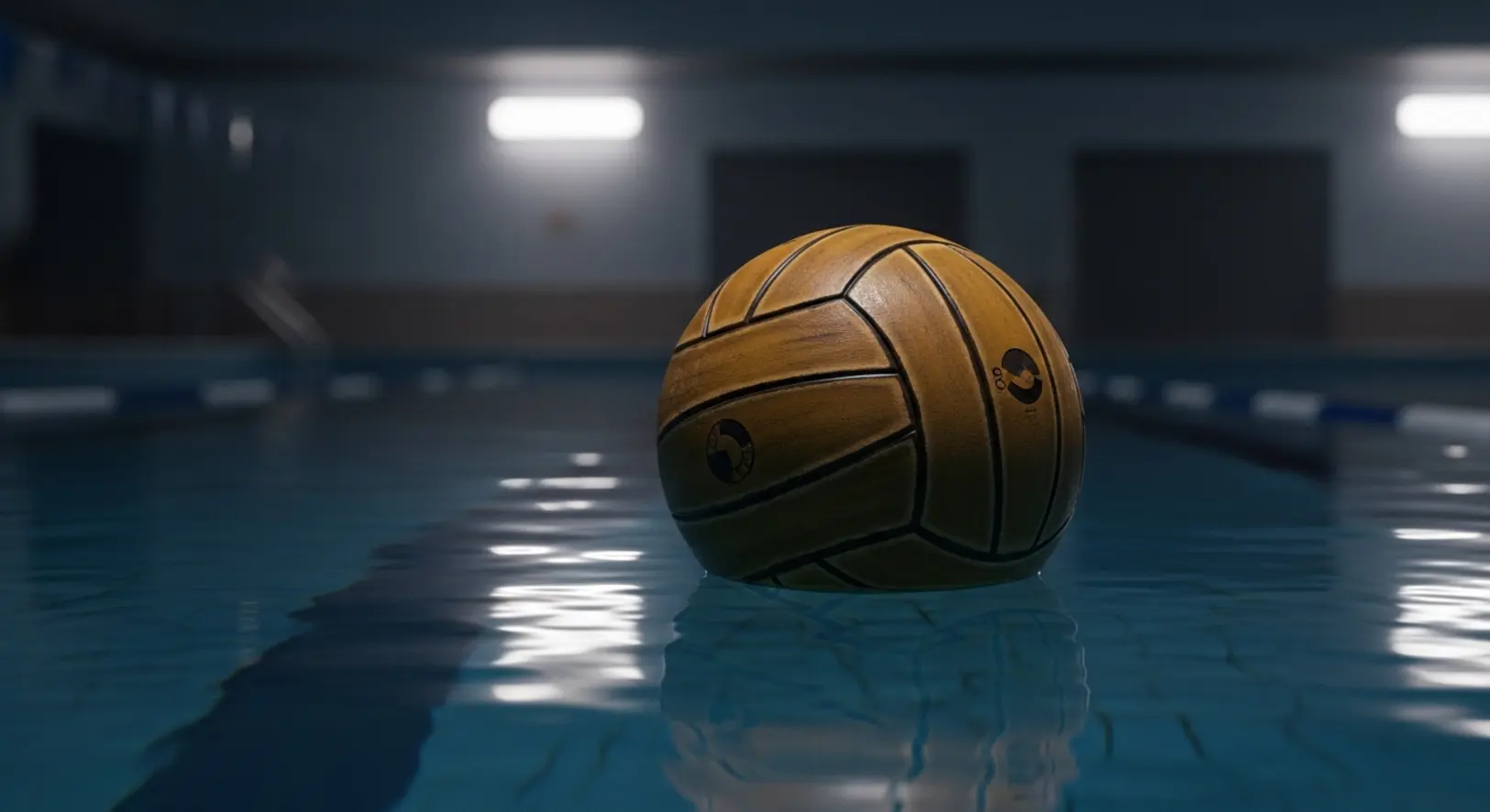 Egy régi, kopott bőr vízilabda lebeg egy kivilágított úszómedence csendes vizén az esti félhomályban, szimbolizálva a gyászt.