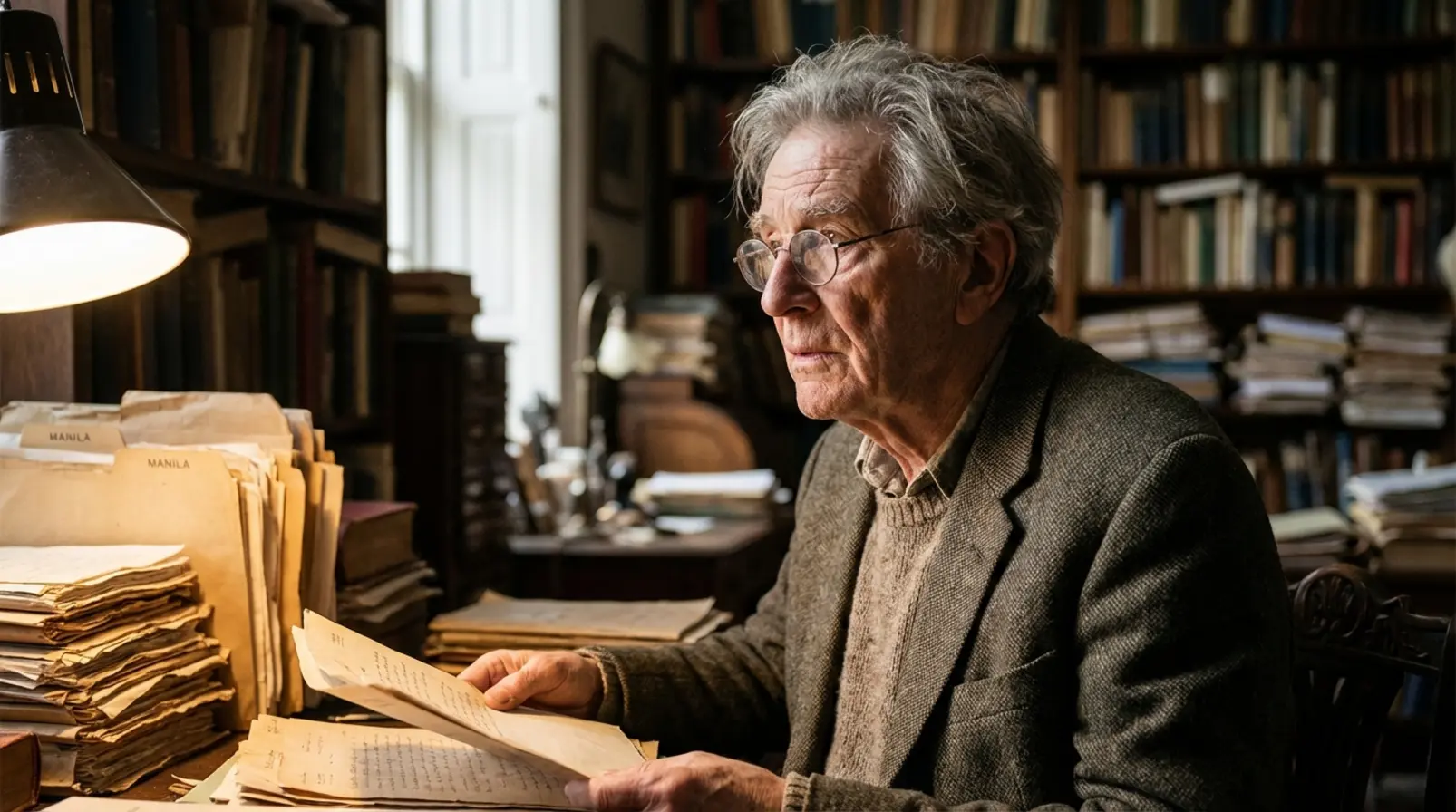 Kenedi János író, történész egy könyvekkel teli dolgozószobában