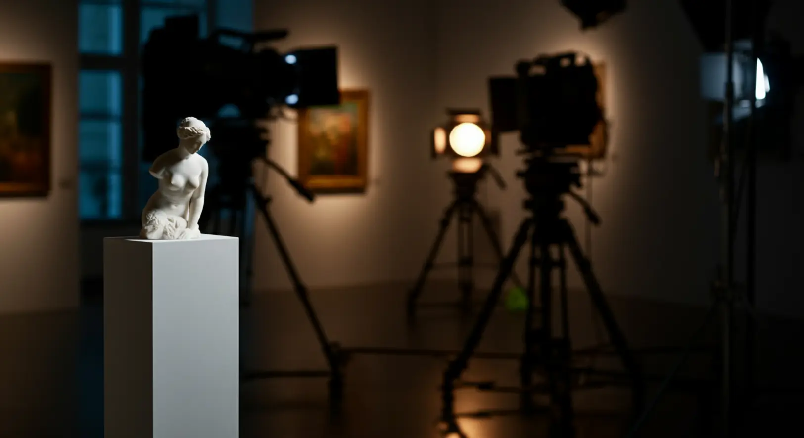 Egy kisméretű fehér márványszobor egy modern galériában, a háttérben a Kincsvadászok stúdiójának hangulatával.
