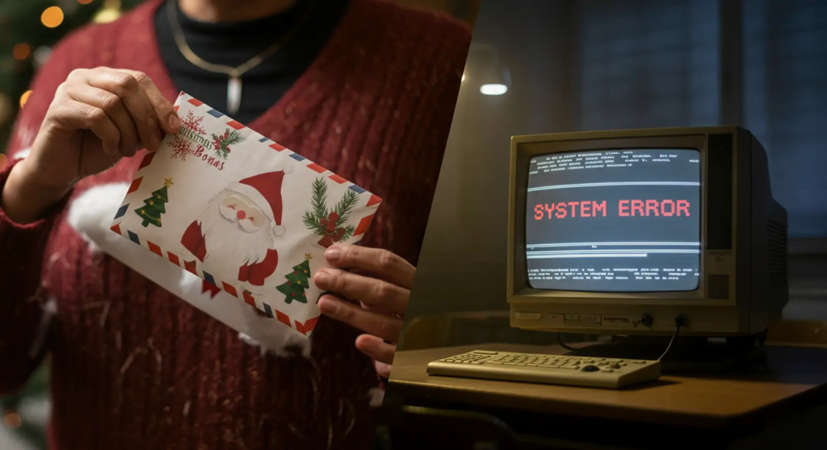 Egy pedagógus kezében karácsonyi boríték, mellette egy elavult iskolai számítógép látható, jelképezve az oktatási rendszer kettősségét.