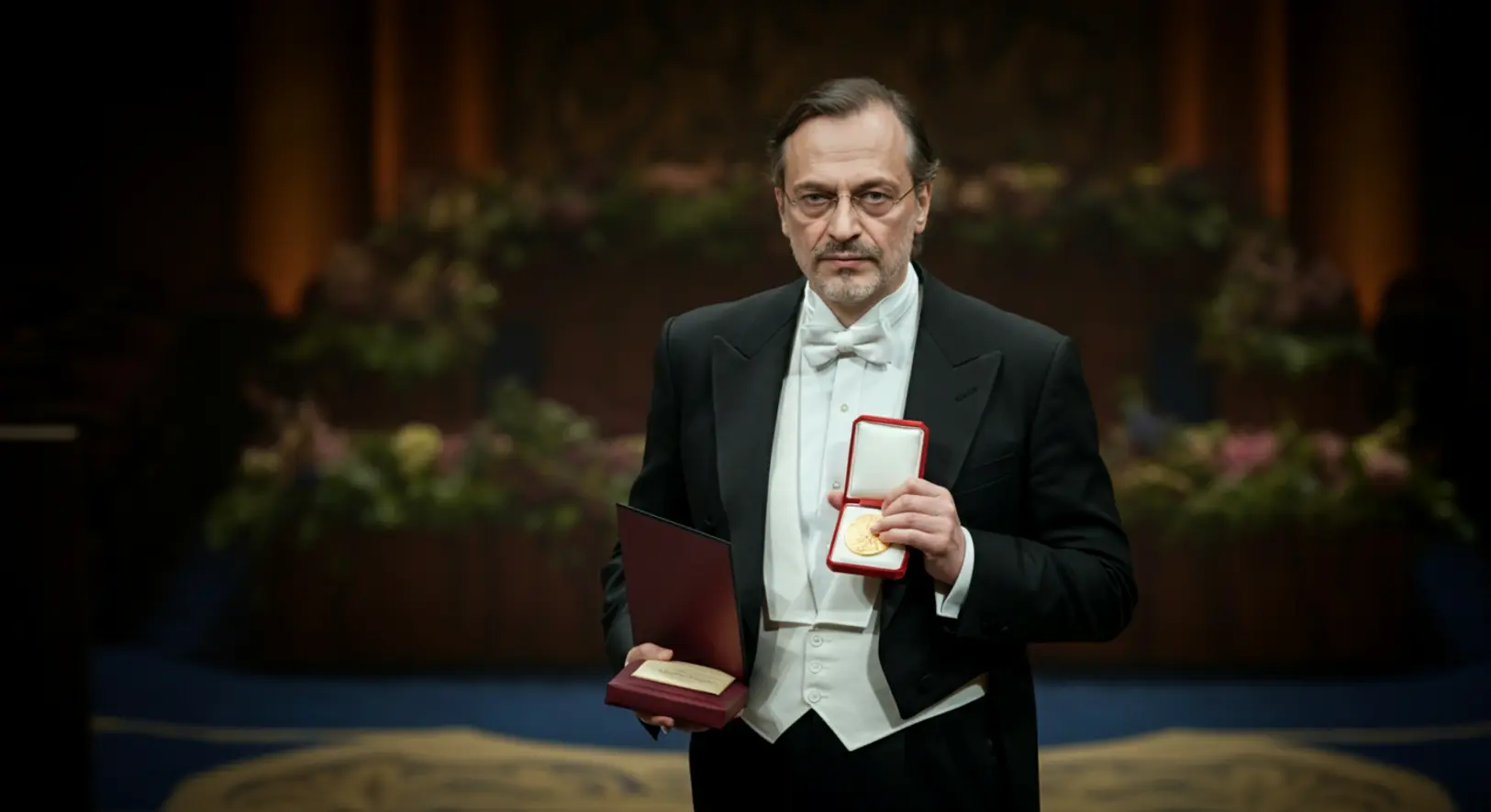 Krasznahorkai László frakkban a Nobel-díj átadó színpadán Stockholmban
