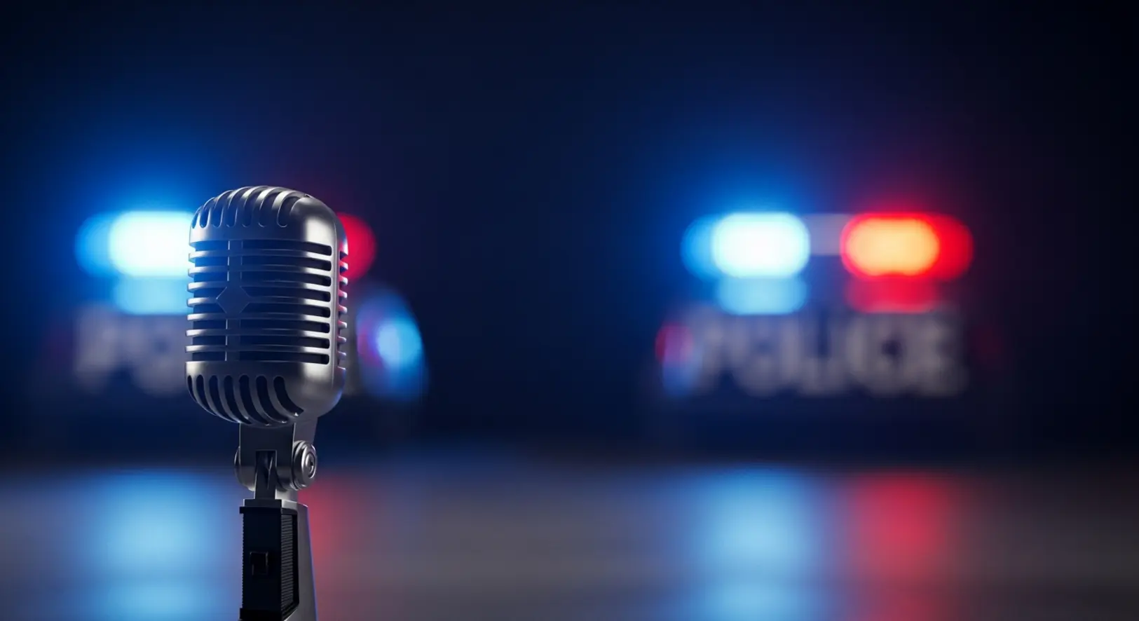 Egy magányos mikrofon áll egy sötét színpadon, a háttérben elmosódott kék és piros rendőrségi villogó fények tükröződnek, drámai hangulatot árasztva.