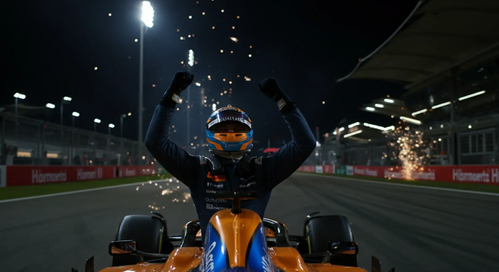 Lando Norris, a McLaren pilótája a 2025-ös Forma-1-es világbajnoki címét ünnepli az Abu-Dzabi Nagydíj után.