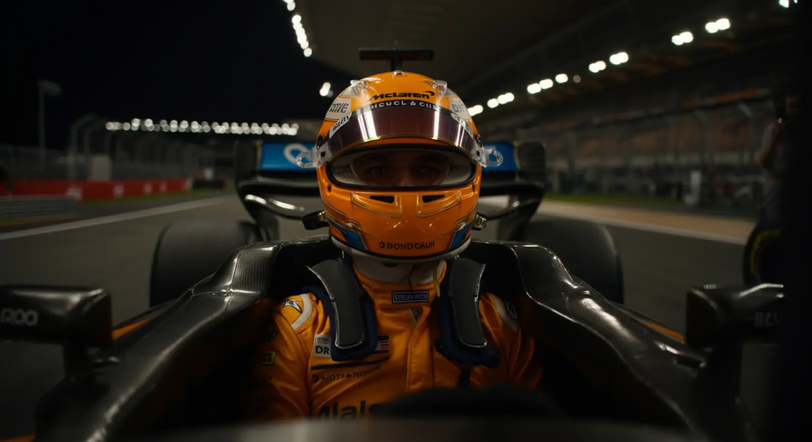 Lando Norris, a McLaren pilótája koncentrál a 2025-ös Forma-1-es Abu Dhabi Nagydíj szabadedzésén, a háttérben a Yas Marina pálya fényei.