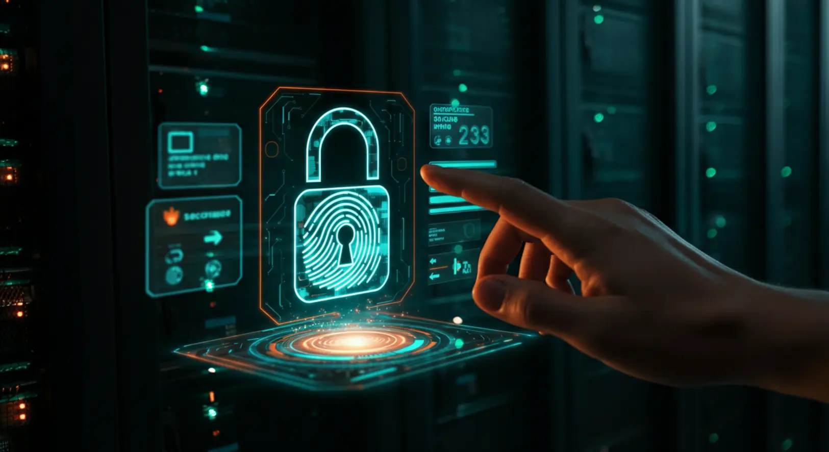 Futurisztikus digitális lakat és ujjlenyomat-olvasó holografikus megjelenítése egy szerverszobában