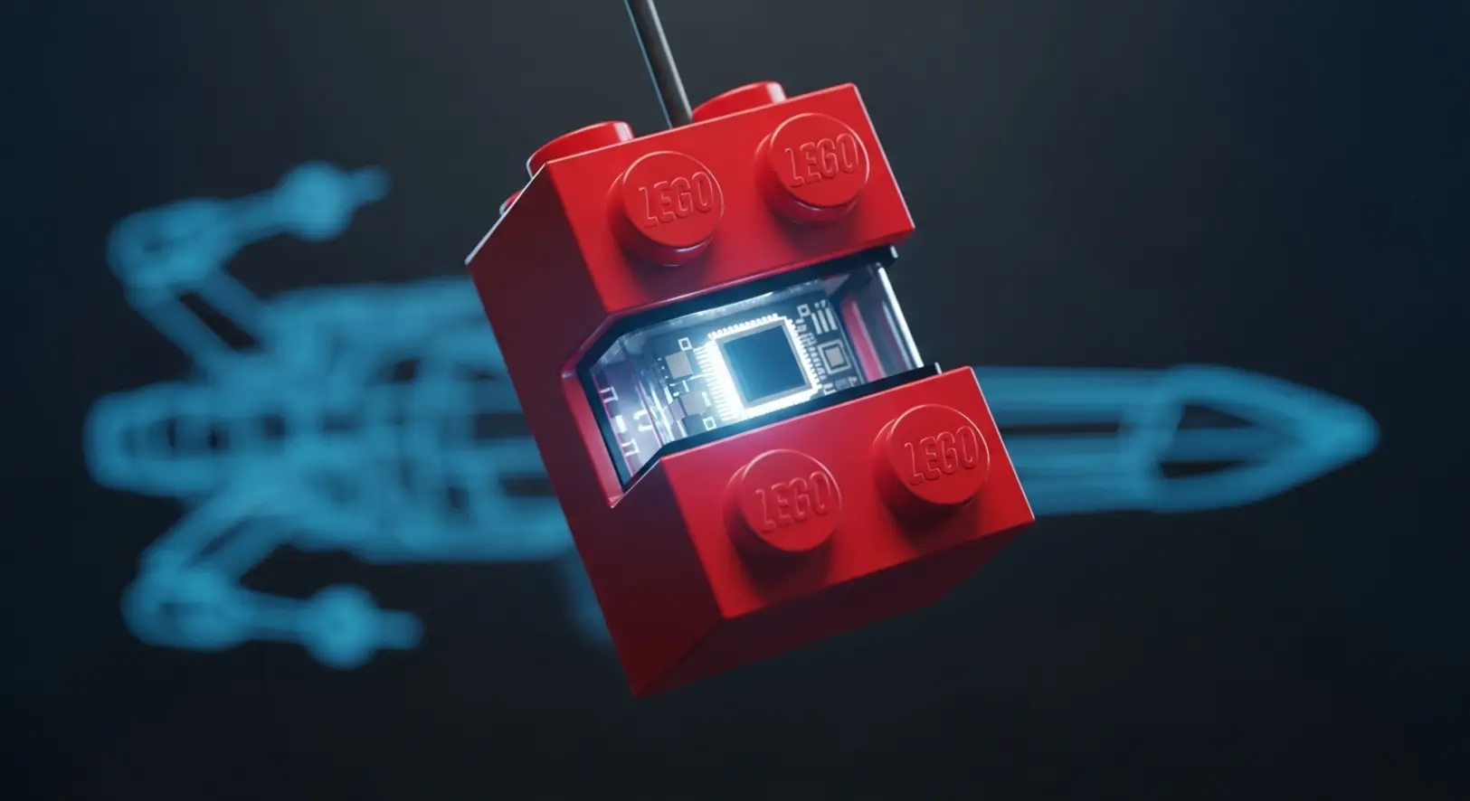Egy piros, 2x4-es Lego kocka lebeg sötét háttér előtt, belsejéből futurisztikus kék fény szűrődik ki, jelezve a beépített elektronikát.