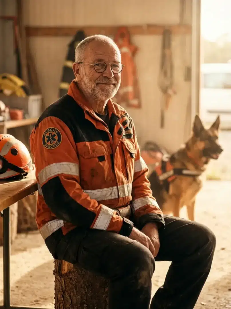 Lehoczki László mentőruhában, a háttérben egy német juhász mentőkutyával