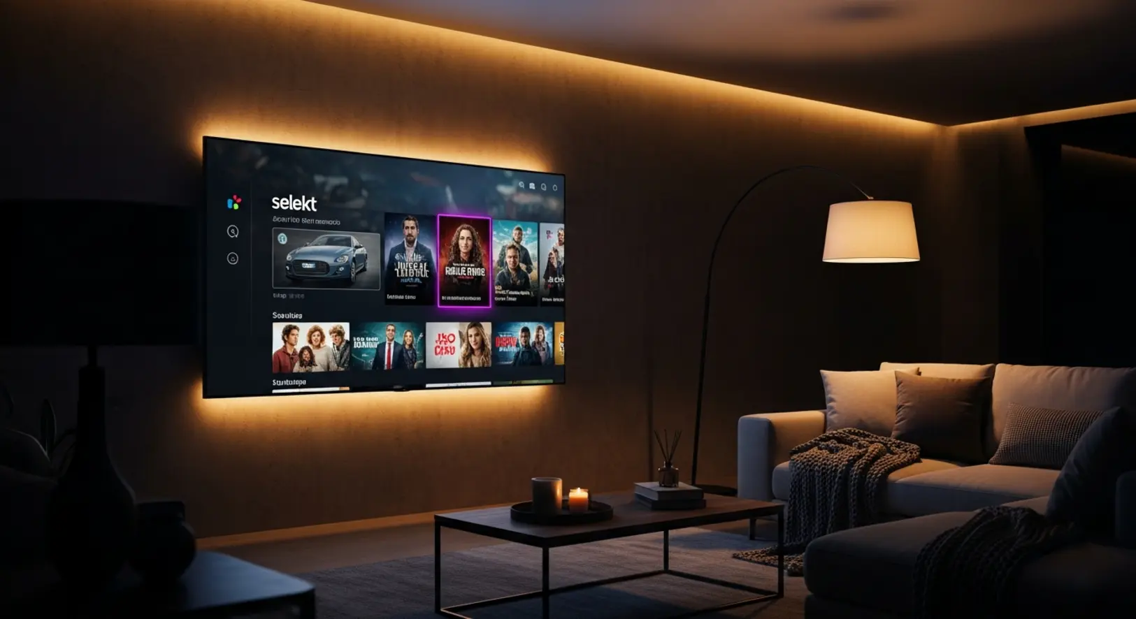 LG okostévé a nappaliban, amelyen a Selekt streaming szolgáltatás kezelőfelülete látható filmekkel és sorozatokkal.