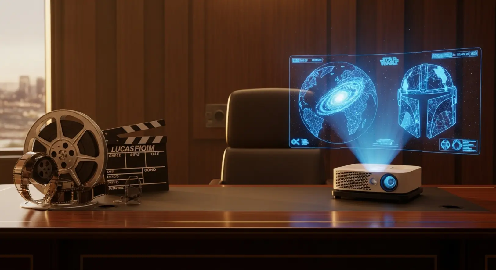 Egy elegáns irodai asztal a Lucasfilmnél, rajta egy régi filmtekercs és egy futurisztikus holografikus Star Wars térkép, ami a vezetőváltást szimbolizálja.