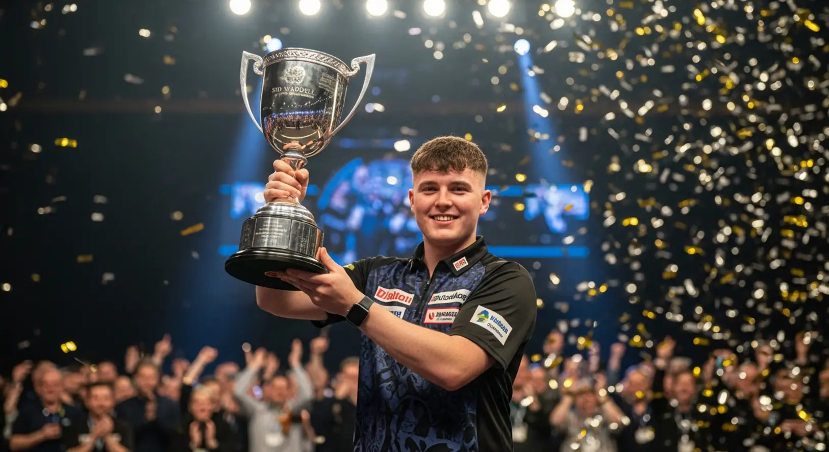 Luke Littler 18 évesen a magasba emeli a Sid Waddell trófeát az Alexandra Palace színpadán, arany konfettiesőben, háttérben az ünneplő tömeggel.