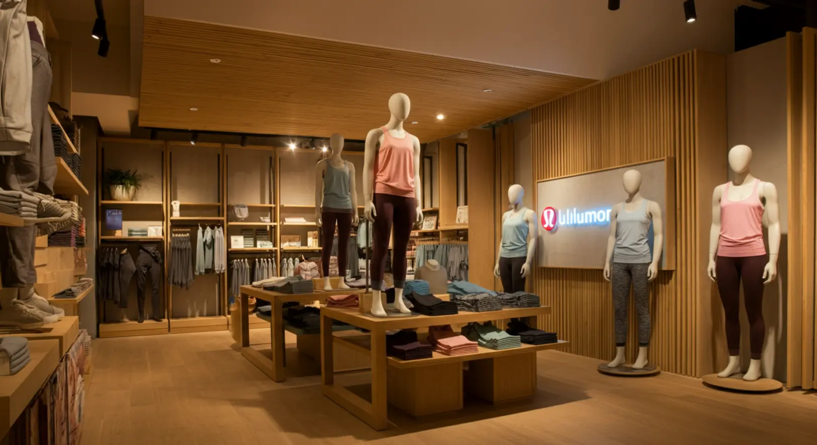 Modern, minimalista Lululemon üzletbelső prémium sportruházattal és jógafelszereléssel.