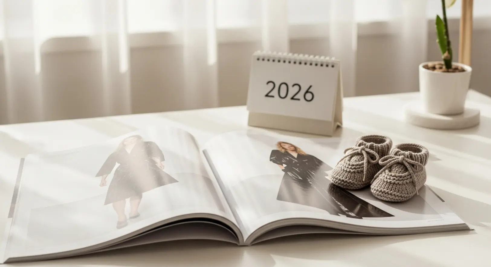 Elegáns íróasztal divatmagazinnal, mellette apró kötött babacipő és egy 2026-os naptár, lágy megvilágításban.