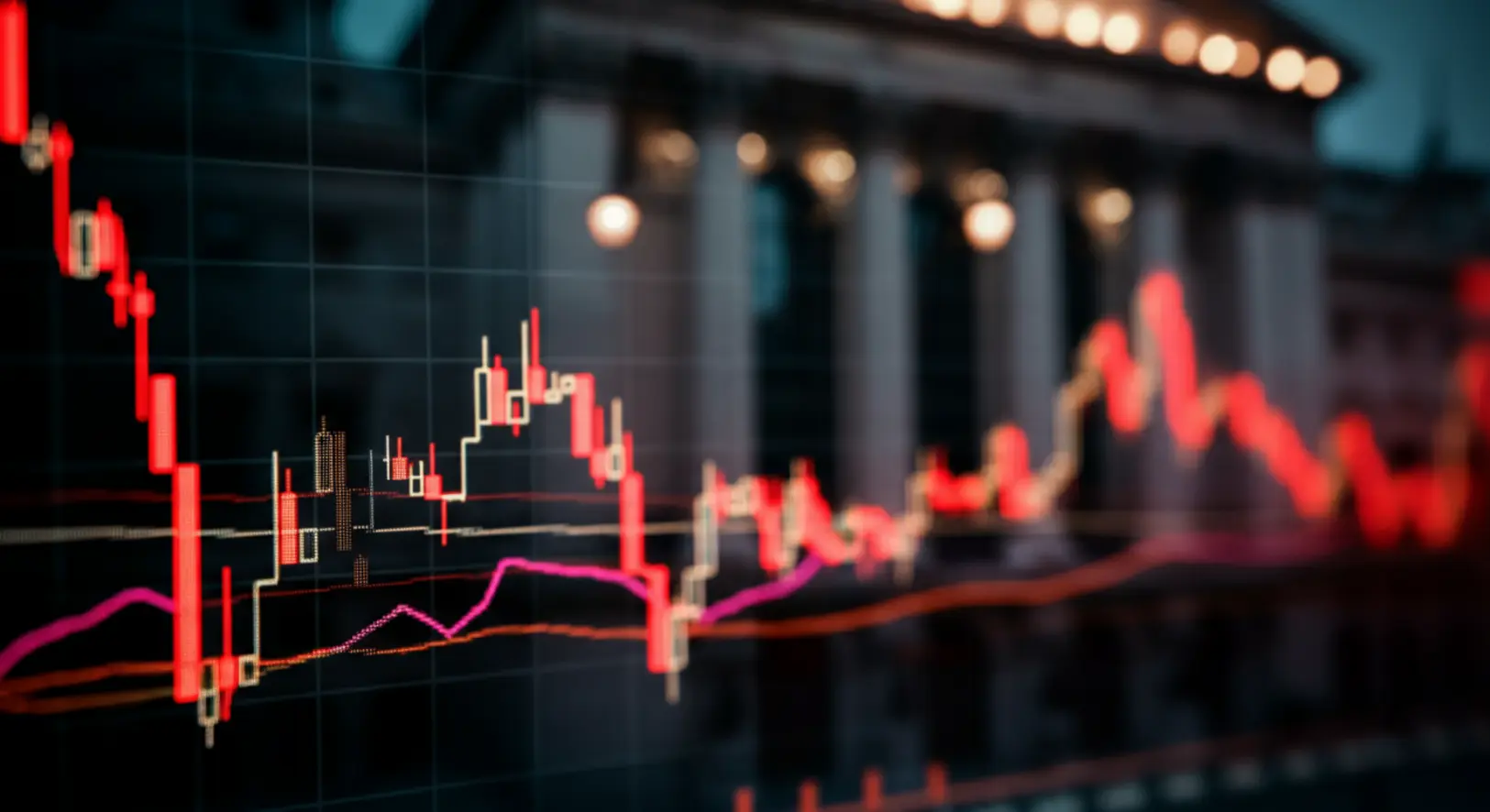 Egy piros, lefelé mutató tőzsdei grafikont ábrázoló kép, amely a BUX és a Dow Jones hétfői esését szimbolizálja.