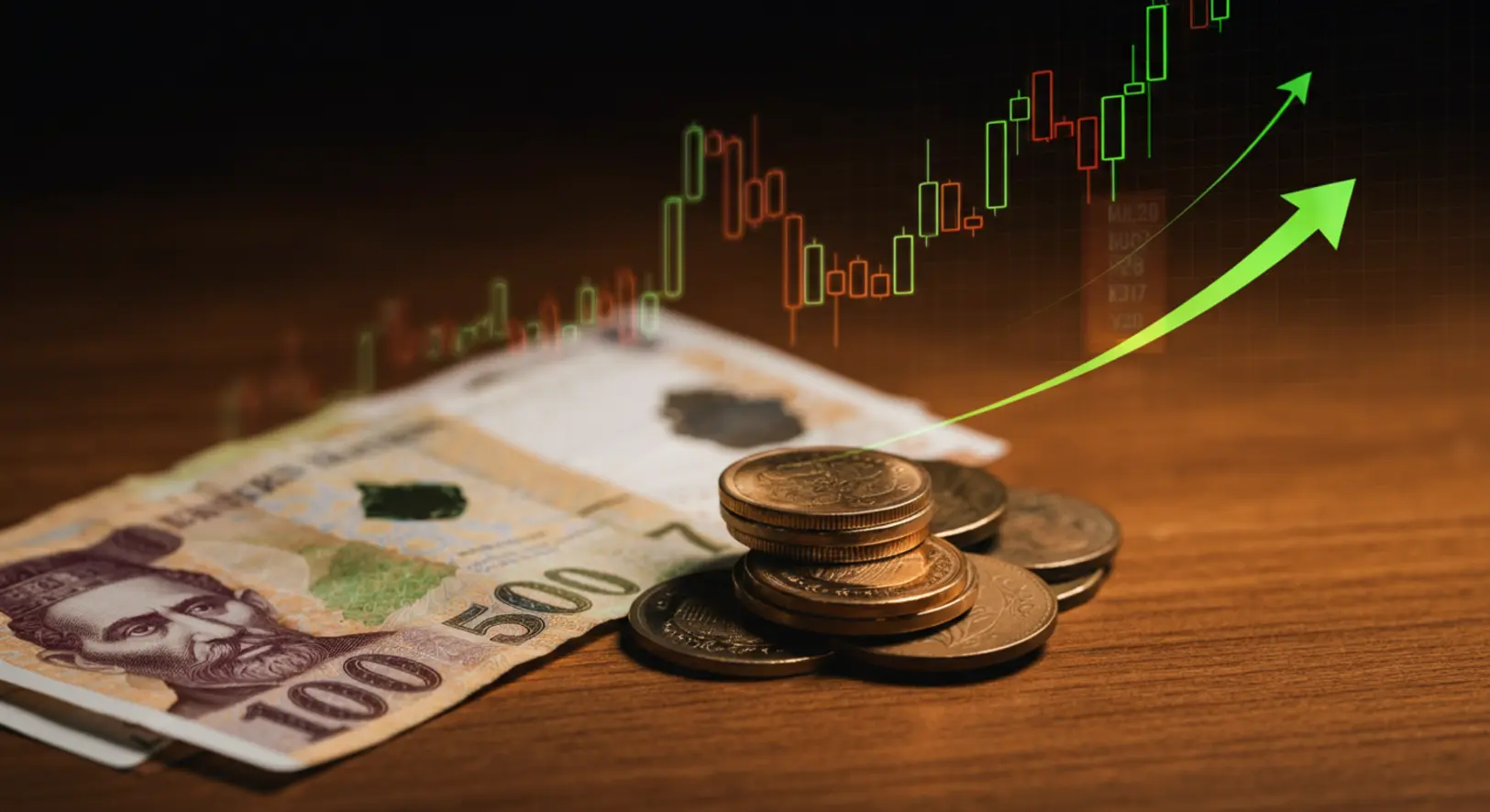 Magyar forint érmék és bankjegyek egy asztalon, háttérben elmosódott tőzsdei grafikonnal