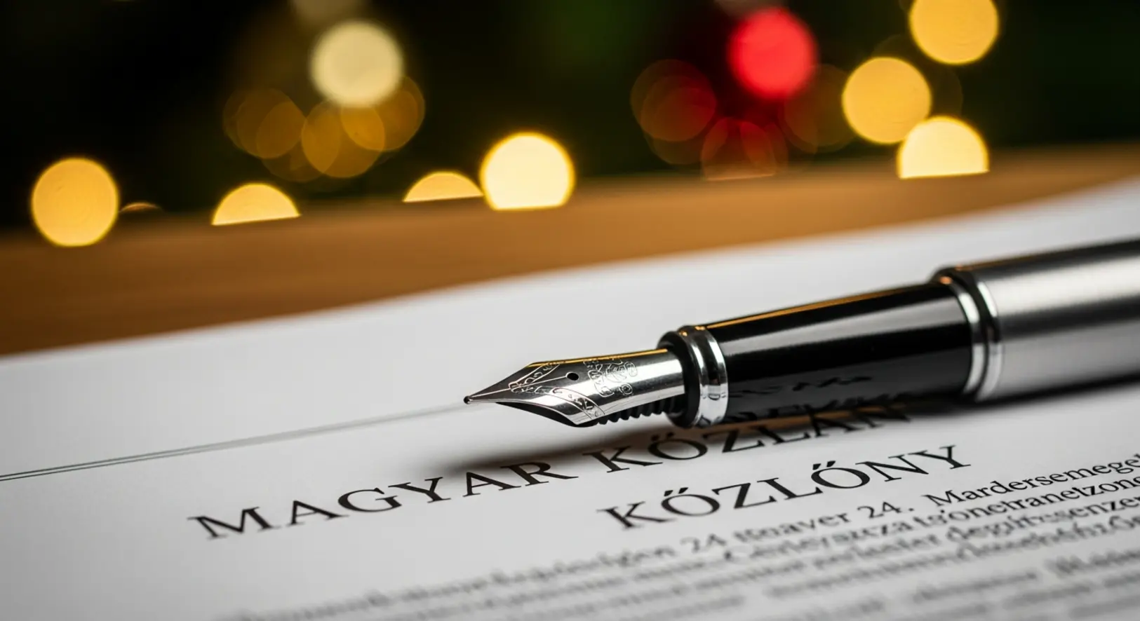 Egy töltőtoll pihen a Magyar Közlöny hivatalos dokumentumán, a háttérben elmosódott karácsonyi fények utalnak az ünnepi megjelenésre.